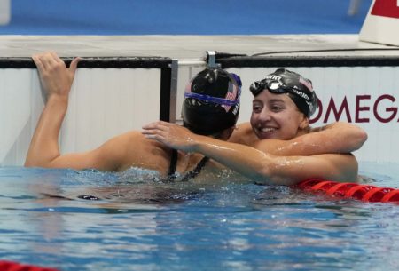 Jul 28, 2021; Tokyo, Japan; Alex Walsh (USA) and Kate Douglass (USA) celebrate after placing second and third in the women's 200m individual medley final during the Tokyo 2020 Olympic Summer Games at Tokyo Aquatics Centre. Mandatory Credit: Rob Schumacher-USA TODAY Sports