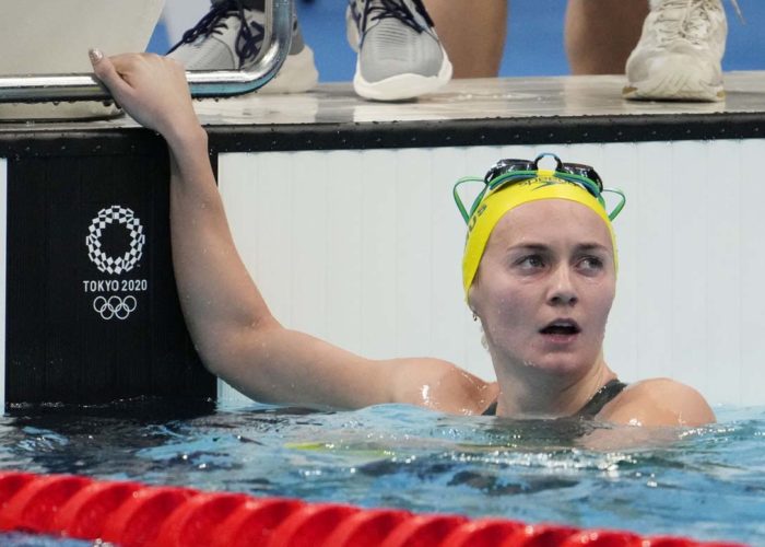 Jul 25, 2021; Tokyo, Japan; Ariarne Titmus (AUS) after the women's 400m freestyle heats during the Tokyo 2020 Olympic Summer Games at Tokyo Aquatics Centre. Mandatory Credit: Rob Schumacher-USA TODAY Sports