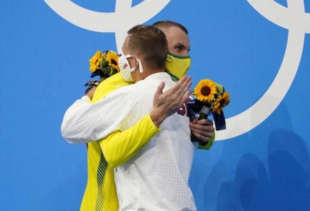 kyle chalmers, caeleb dressel, olympics,Jul 29, 2021; Tokyo, Japan; Caeleb Dressel (USA) hugs Kyle Chalmers (AUS) during the medals ceremony for the men's 100m freestyle during the Tokyo 2020 Olympic Summer Games at Tokyo Aquatics Centre. Mandatory Credit: Rob Schumacher-USA TODAY Sports