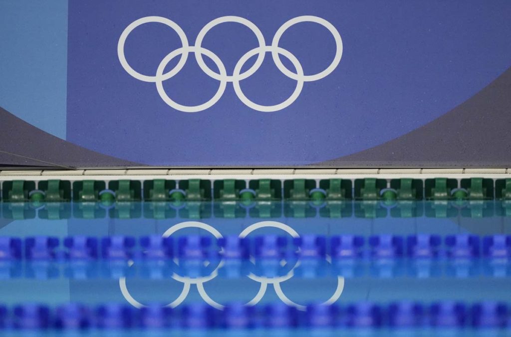Jul 25, 2021; Tokyo, Japan; Olympic rings logo during the men's 400m individual medley final during the Tokyo 2020 Olympic Summer Games at Tokyo Aquatics Centre. Mandatory Credit: Rob Schumacher-USA TODAY Network, lane line, Olympics