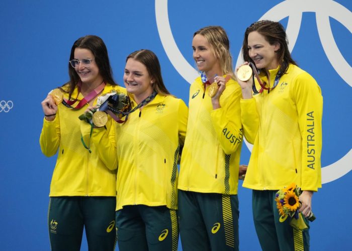 Aug 1, 2021; Tokyo, Japan; Australia relay team of Kaylee McKeown (AUS), Chelsea Hodges (AUS), Emma McKeon (AUS) and Cate Campbell (AUS) during the medals ceremony for the women's 4x100m medley relay during the Tokyo 2020 Olympic Summer Games at Tokyo Aquatics Centre. Mandatory Credit: Rob Schumacher-USA TODAY Sports