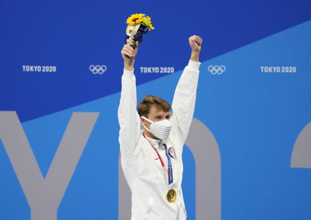 Aug 1, 2021; Tokyo, Japan; Robert Finke (USA) with his gold medal during the medals ceremony for the men's 1500m freestyle during the Tokyo 2020 Olympic Summer Games at Tokyo Aquatics Centre. Mandatory Credit: Rob Schumacher-USA TODAY Sports