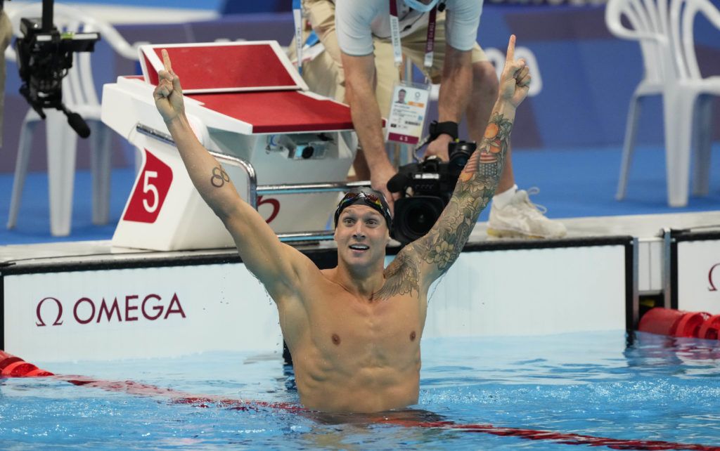Jul 29, 2021; Tokyo, Japan; Caeleb Dressel (USA) celebrates after winning the men's 100m freestyle final during the Tokyo 2020 Olympic Summer Games at Tokyo Aquatics Centre. Mandatory Credit: Rob Schumacher-USA TODAY Sports