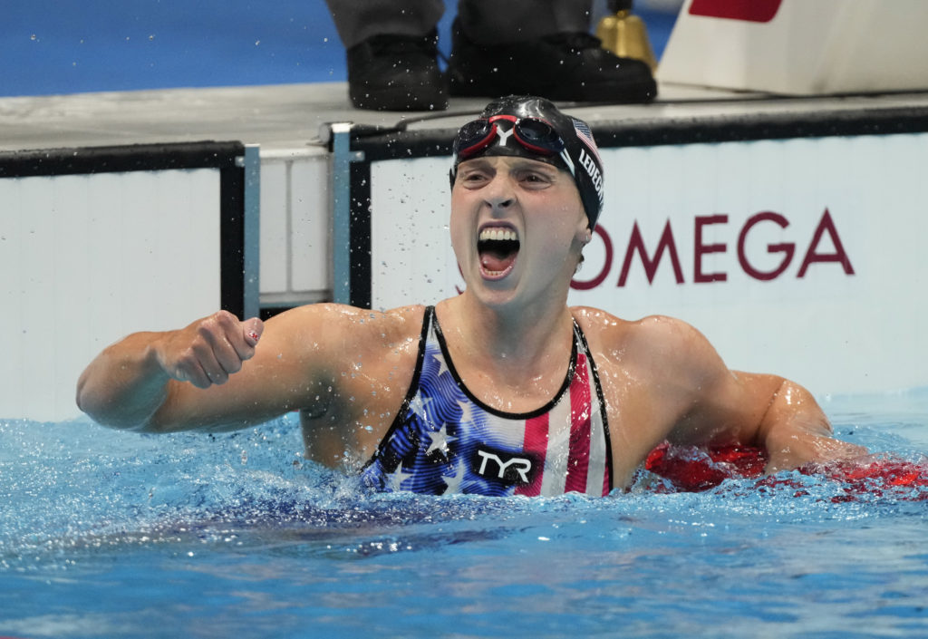 us-open-videos-Jul 28, 2021; Tokyo, Japan; Katie Ledecky (USA) celebrates after winning the women's 1500m freestyle final during the Tokyo 2020 Olympic Summer Games at Tokyo Aquatics Centre. Mandatory Credit: Rob Schumacher-USA TODAY Sports