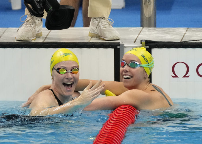 Jul 30, 2021; Tokyo, Japan; Emma McKeon (AUS) and Cate Campbell (AUS) place first and third in the women's 100m freestyle final during the Tokyo 2020 Olympic Summer Games at Tokyo Aquatics Centre. Mandatory Credit: Rob Schumacher-USA TODAY Sports