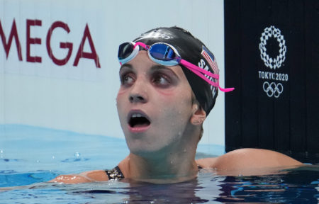 Jul 27, 2021; Tokyo, Japan; Regan Smith (USA) reacts after the women's 100m backstroke final during the Tokyo 2020 Olympic Summer Games at Tokyo Aquatics Centre. Mandatory Credit: Robert Hanashiro-USA TODAY Sports