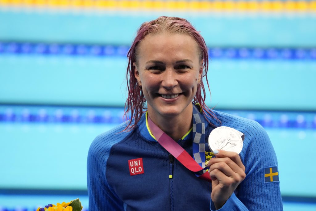 sarah sjostrom, olympics, Aug 1, 2021; Tokyo, Japan; Sarah Sjoestroem (SWE) with her silver medal during the medals ceremony for the women's 50m freestyle during the Tokyo 2020 Olympic Summer Games at Tokyo Aquatics Centre. Mandatory Credit: Robert Hanashiro-USA TODAY Sports