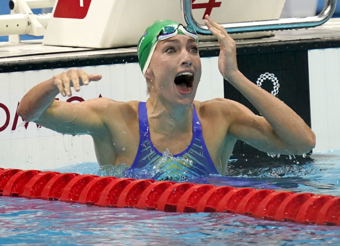Jul 30, 2021; Tokyo, Japan; Tatjana Schoenmaker (RSA) reacts after winning the women's 200m breaststroke final during the Tokyo 2020 Olympic Summer Games at Tokyo Aquatics Centre. Mandatory Credit: Grace Hollars-USA TODAY Sports