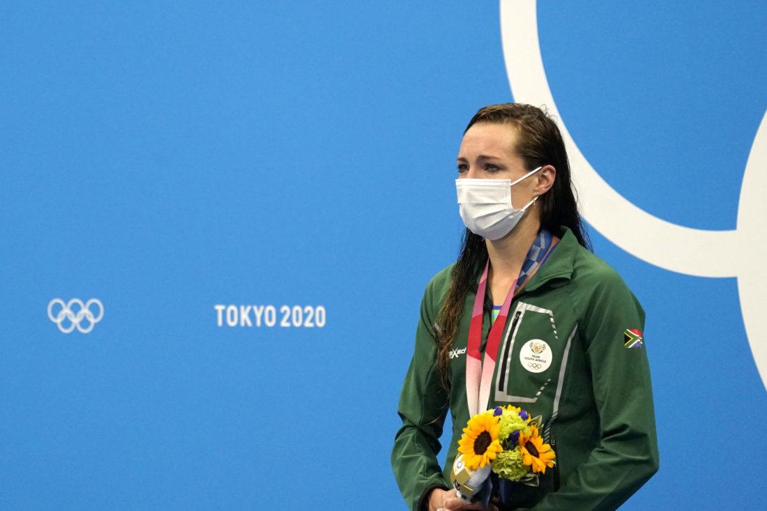 Jul 30, 2021; Tokyo, Japan; Tatjana Schoenmaker (RSA) poses with her gold medal after finishing first in the women's 200m breaststroke final during the Tokyo 2020 Olympic Summer Games at Tokyo Aquatics Centre. Mandatory Credit: Grace Hollars-USA TODAY Sports