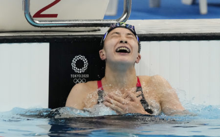 Jul 28, 2021; Tokyo, Japan; Yui Ohashi (JPN) celebrates after winning the women's 200m individual medley final during the Tokyo 2020 Olympic Summer Games at Tokyo Aquatics Centre. Mandatory Credit: Rob Schumacher-USA TODAY Sports