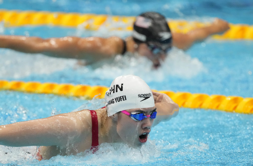 Jul 29, 2021; Tokyo, Japan; Zhang Yufei (CHN) leads Hali Flickinger (USA) in women's 200m butterfly final during the Tokyo 2020 Olympic Summer Games at Tokyo Aquatics Centre. Mandatory Credit: Rob Schumacher-USA TODAY Sports