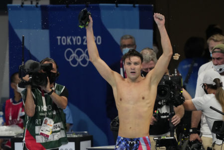 Aug 1, 2021; Tokyo, Japan; Robert Finke (USA) celebrates after winning the men's 1500m freestyle final during the Tokyo 2020 Olympic Summer Games at Tokyo Aquatics Centre. Mandatory Credit: Rob Schumacher-USA TODAY Sports