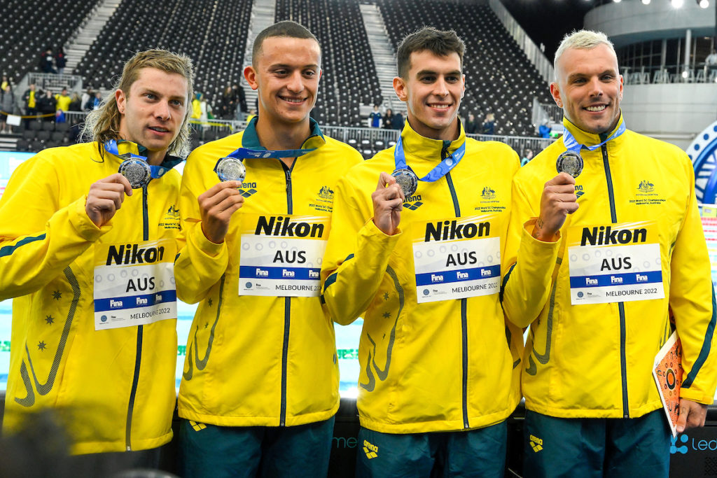 Flynn Zareb Southam, Matthew Temple, Thomas Neill and Kyle Chambers of Australia show the silver medals after compete in the 4x100m Freestyle Relay Men Final during the FINA Swimming Short Course World Championships at the Melbourne Sports and Aquatic Centre in Melbourne, Australia, December 13th, 2022. Photo Giorgio Scala / Deepbluemedia / Insidefoto