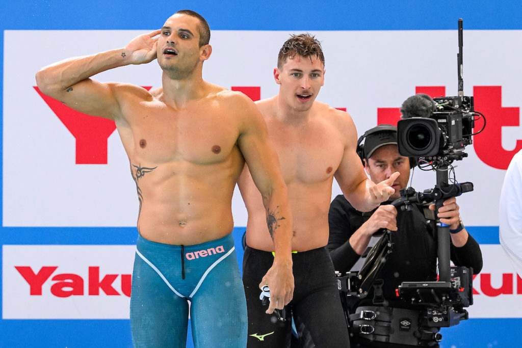 Florent Manaudou and Maxime Grousset of France celebrate after winning the gold medal in the 4x50m Freestyle Relay Mixed Final with a new world record during the FINA Swimming Short Course World Championships at the Melbourne Sports and Aquatic Centre in Melbourne, Australia, December 16th, 2022. Photo Giorgio Scala / Deepbluemedia / Insidefoto