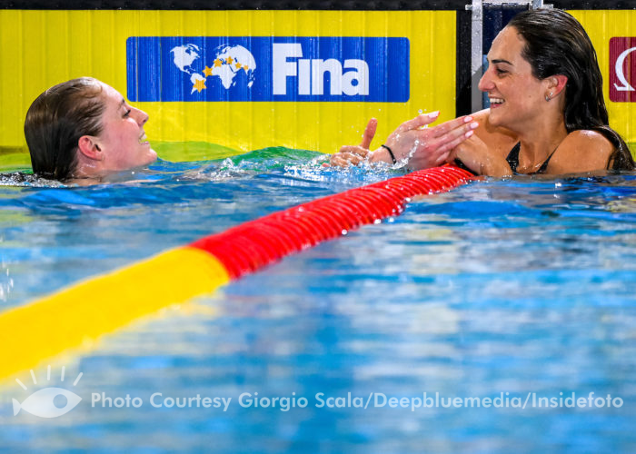Marrit Steenbergen of The Netherlands, Gold, Beryl Gastaldello of France, Silver, react after compete in the 100m Individual Medley Women Final during the FINA Swimming Short Course World Championships at the Melbourne Sports and Aquatic Centre in Melbourne, Australia, December 16th, 2022. Photo Giorgio Scala / Deepbluemedia / Insidefoto