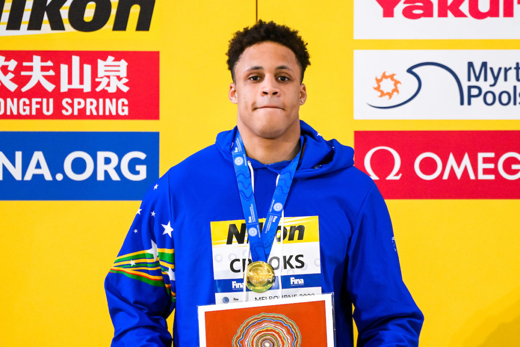 Jordan Crooks of Cayman Islands stands with the gold medal after compete in the 50m Freestyle Men Final during the FINA Swimming Short Course World Championships at the Melbourne Sports and Aquatic Centre in Melbourne, Australia, December 17th, 2022. Photo Giorgio Scala / Deepbluemedia / Insidefoto