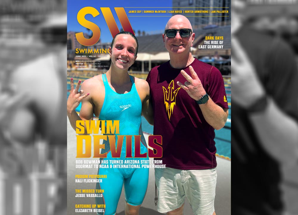 Swimming World June 2023 Issue Cover - Swim Devils - Bob Bowman and Regan Smith