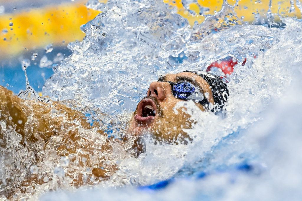 Thomas Ceccon of Italy competes in the 50m Backstroke Men Semifinal during the 20th World Aquatics Championships at the Marine Messe Hall A in Fukuoka (Japan), July 29th, 2023.