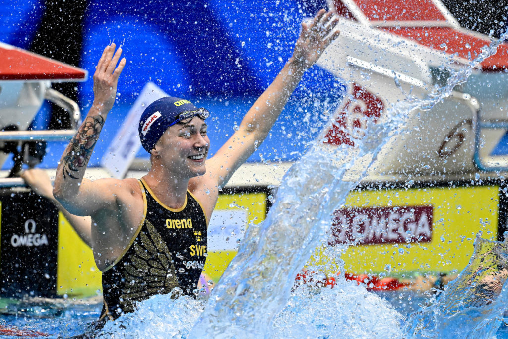 Sarah Sjostrom of Sweden celebrates after competing in the 50m Butterfly Women Final during the 20th World Aquatics Championships at the Marine Messe Hall A in Fukuoka (Japan), July 29th, 2023. Sarah Sjostrom placed first winning the gold medal.