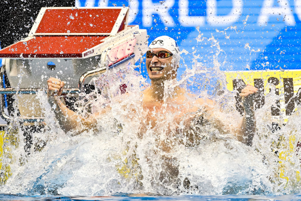Maxime Grousset of France celebrates after winning the gold medal in the 100m Butterfly Men Final during the 20th World Aquatics Championships at the Marine Messe Hall A in Fukuoka (Japan), July 29th, 2023.