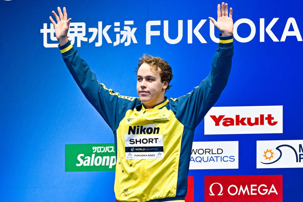 Samuel Short of Australia celebrates after winning the gold medal in the 400m Freestyle Men Final during the 20th World Aquatics Championships at the Marine Messe Hall A in Fukuoka (Japan), July 23rd, 2023.