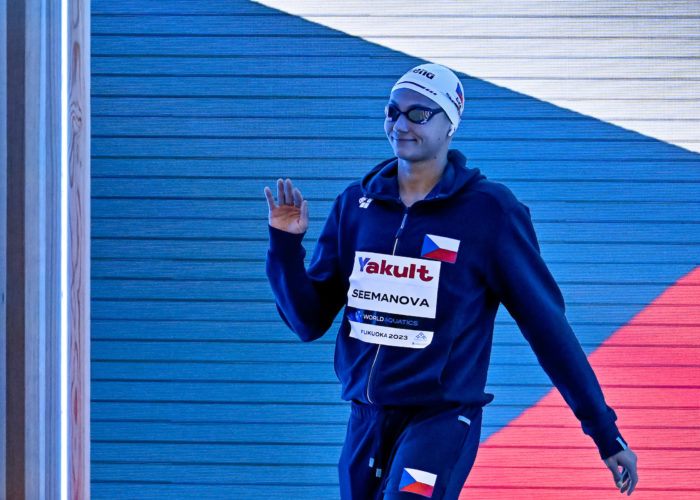 Barbora Seemanova of Czechia prepares to compete in the 200m Freestyle Women Semifinal during the 20th World Aquatics Championships at the Marine Messe Hall A in Fukuoka (Japan), July 25th, 2023.