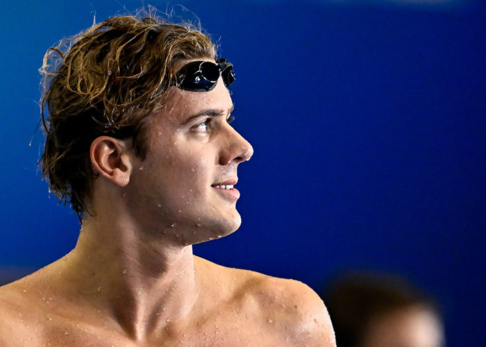 Noe Ponti of Switzerland reacts after competing in the Men's Butterfly 200m Heats during the 20th World Aquatics Championships at the Marine Messe Hall A in Fukuoka (Japan), July 25th, 2023.