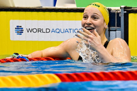 Mollie O'callaghan of Australia reacts after winning the gold medal in the 200m Freestyle Women Final with a New World Record during the 20th World Aquatics Championships at the Marine Messe Hall A in Fukuoka (Japan), July 26th, 2023.