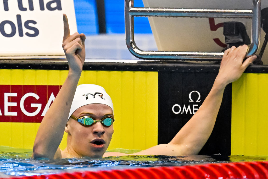 Leon Marchand of France celebrates after winning the gold medal in the 200m Butterfly Men Final during the 20th World Aquatics Championships at the Marine Messe Hall A in Fukuoka (Japan), July 26th, 2023.