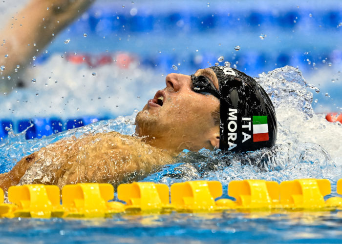 Lorenzo Mora of Italy competes in the 4x100m Medley Mixed Relay Heats during the 20th World Aquatics Championships at the Marine Messe Hall A in Fukuoka (Japan), July 26th, 2023.
