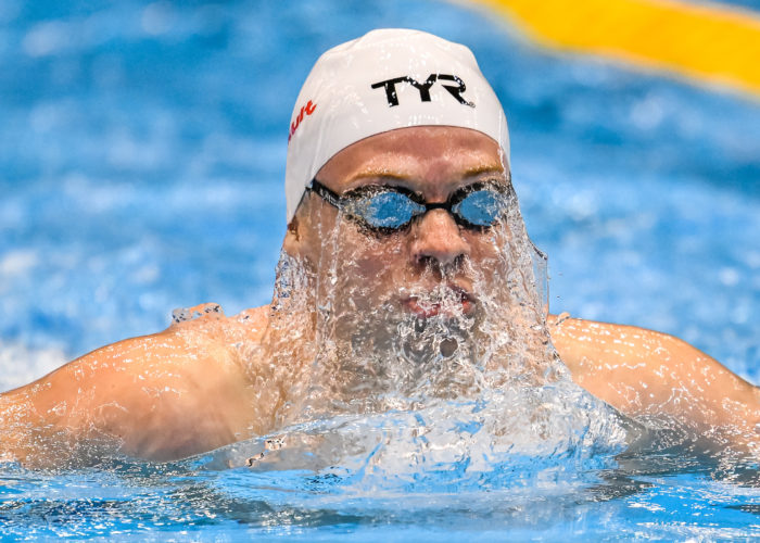 Leon Marchand of France competes in the 200m Individual Medley Men Heats during the 20th World Aquatics Championships at the Marine Messe Hall A in Fukuoka (Japan), July 26th, 2023.
