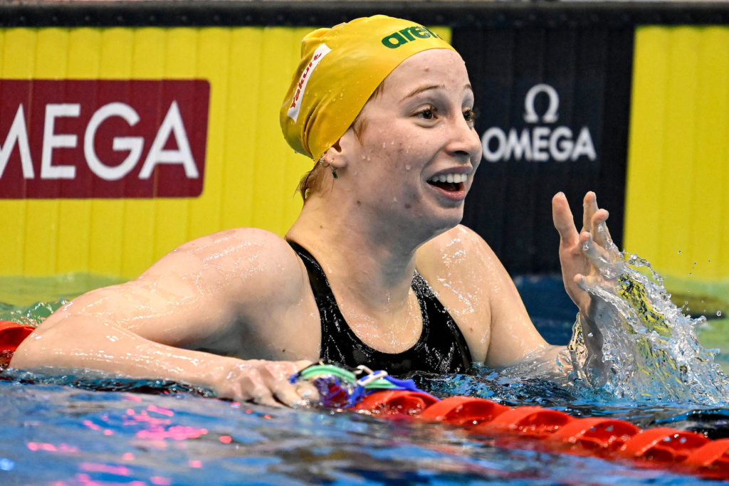 Mollie O'Callaghan of Australia reacts after competing in the 200m Freestyle Women Final during the 20th World Aquatics Championships at the Marine Messe Hall A in Fukuoka (Japan), July 26rd, 2023. Mollie O'Callaghan placed first winning the gold medal with a new world record time.