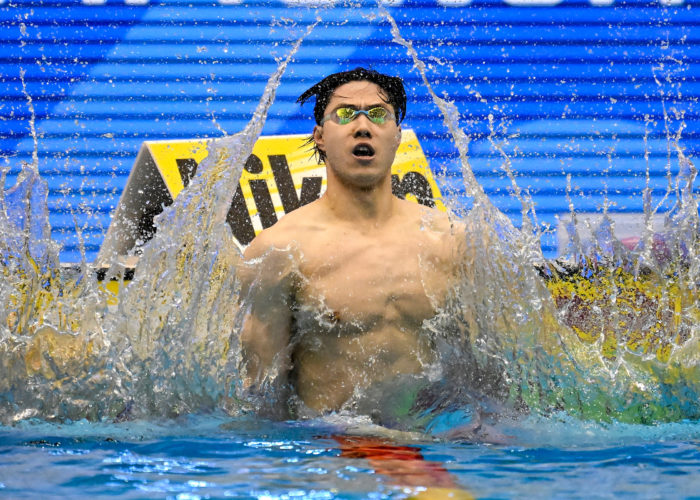 Haiyang Qin of China celebrates after competing in the 200m Breaststroke Men Final during the 20th World Aquatics Championships at the Marine Messe Hall A in Fukuoka (Japan), July 28th, 2023. Haiyang Qin placed first winning the gold medal.