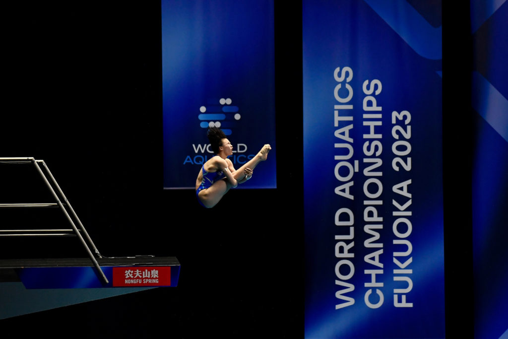 Yuxi Chen of China competes in the 10m Platform Women preliminary during the 20th World Aquatics Championships at the Fukuoka Prefectural Pool in Fukuoka (Japan), July 18th, 2023.
