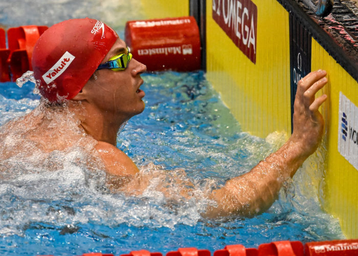 Benjamin Proud of Great Britain competes in the 50m Butterfly Men Heats during the 20th World Aquatics Championships at the Marine Messe Hall A in Fukuoka (Japan), July 23rd, 2023. Benjamin Proud placed 9th.