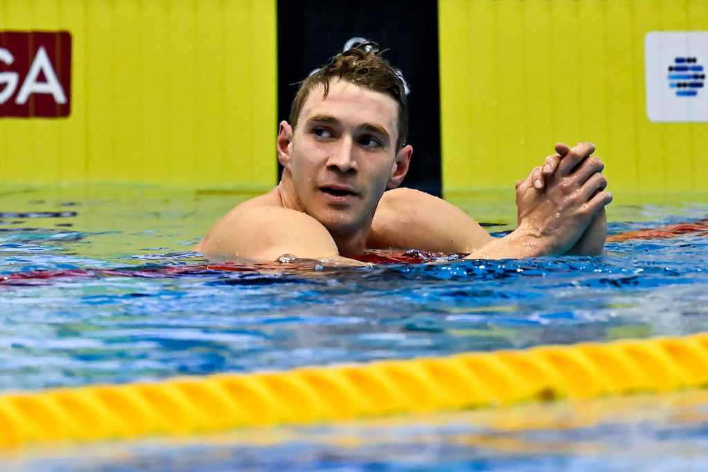 Ryan Murphy of United States of America reacts after competing in the Men's Backstroke 100m Final during the 20th World Aquatics Championships at the Marine Messe Hall A in Fukuoka (Japan), July 25th, 2023.