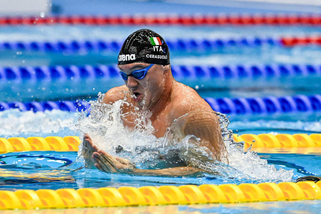 Simone Cerasuolo of Italy compete in the Men's Breaststroke 50m Heats during the 20th World Aquatics Championships at the Marine Messe Hall A in Fukuoka (Japan), July 25th, 2023.