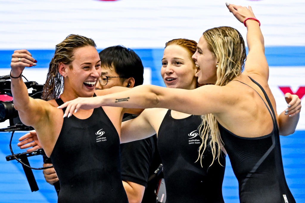 Athletes of Team Australia celebrate after winning the gold medal in the 4x200m Freestyle Relay Women Final with a New World Record during the 20th World Aquatics Championships at the Marine Messe Hall A in Fukuoka (Japan), July 27th, 2023.