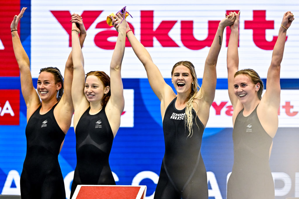 Athletes of Team Australia celebrate after winning the gold medal in the 4x200m Freestyle Relay Women Final with a New World Record during the 20th World Aquatics Championships at the Marine Messe Hall A in Fukuoka (Japan), July 27th, 2023.