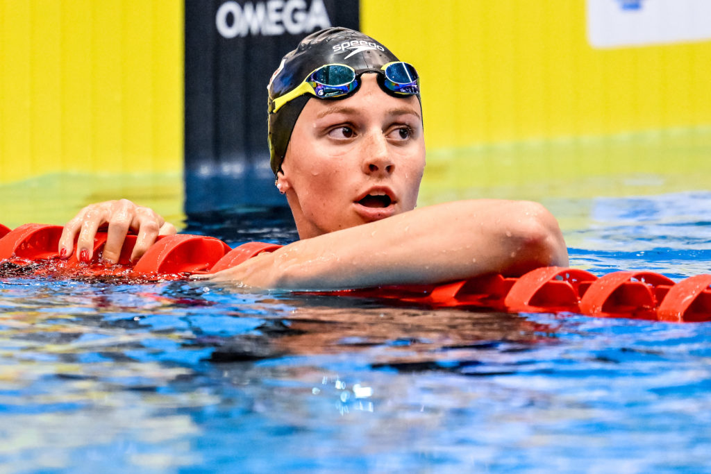 Summer Mcintosh of Canada reacts after competing in the 400m Freestyle Women Heats during the 20th World Aquatics Championships at the Marine Messe Hall A in Fukuoka (Japan), July 23rd, 2023.