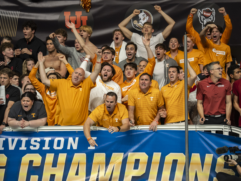 College swim team cheering during the 2025 NCAA Championships.