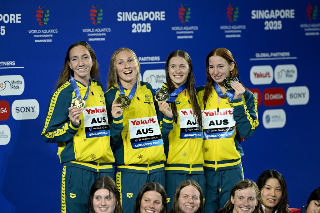 Australia's Victorious 800m free realy team Lani Pallister, Jamie Perkins, Brittany Castelluzzo, Mollie O'Callaghan. Photo Courtesy Delly Carr (Swimming Australia).