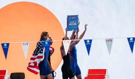 Regan Smith, kate Douglass, Gretchen Walsh, Torri Huske before the 4x100 medley 